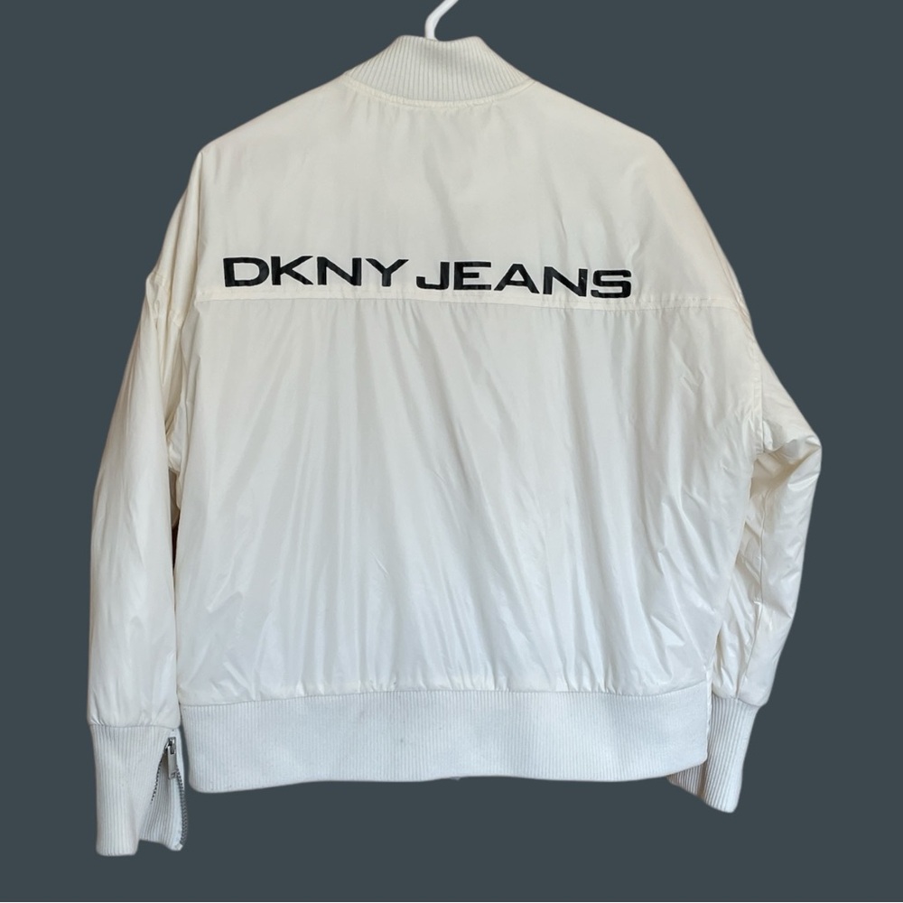 DKNY Jeans White Bomber Jacket Men's Small Quilted Lining Zipper Cuffs